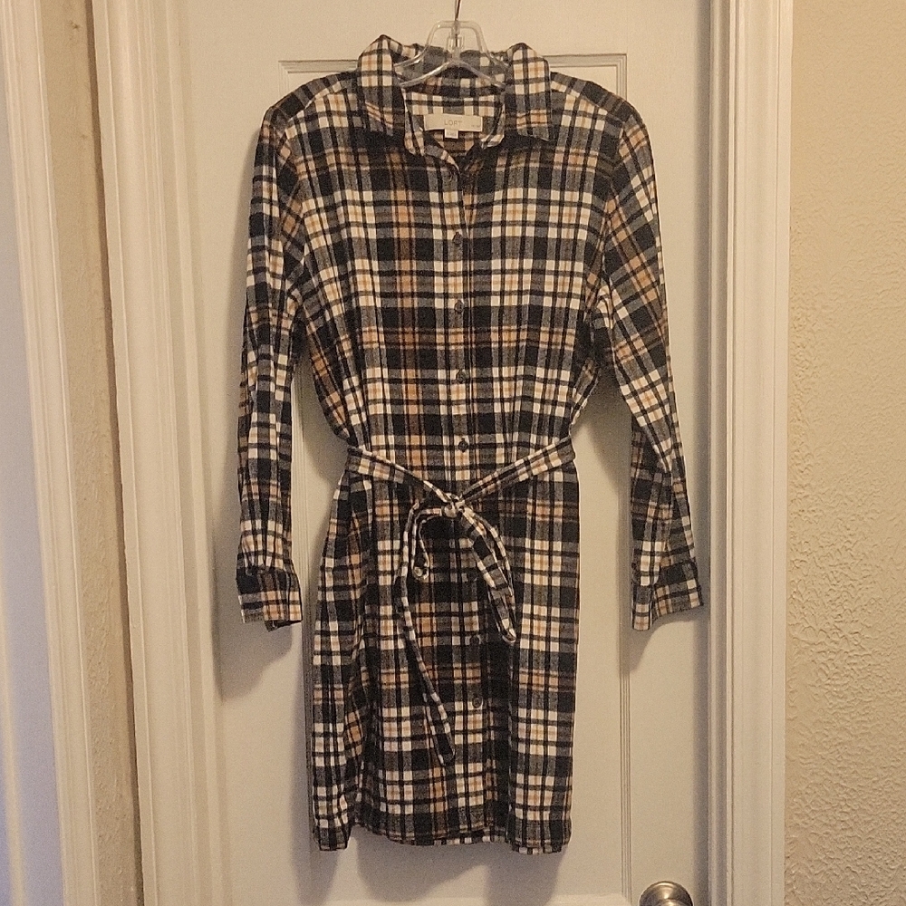 LOFT Black and Tan Plaid Dress